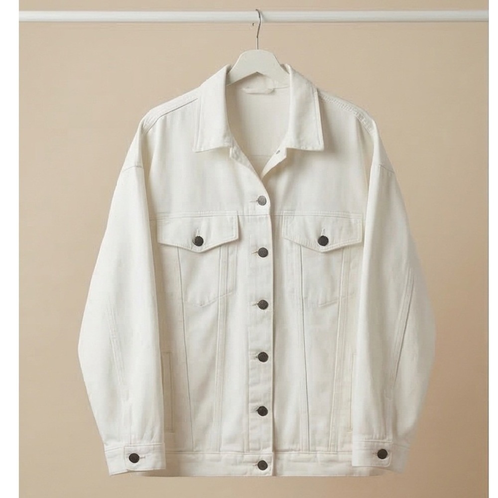 Eileen Fisher 2X White Organic Cotton Stretch Denim Trucker Jacket Oversized‎